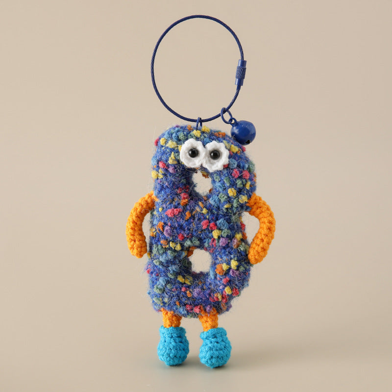 Alphabet Amigos Keychains Handmade Monogram Charms blue letter B with colorful yarn and crocheted details