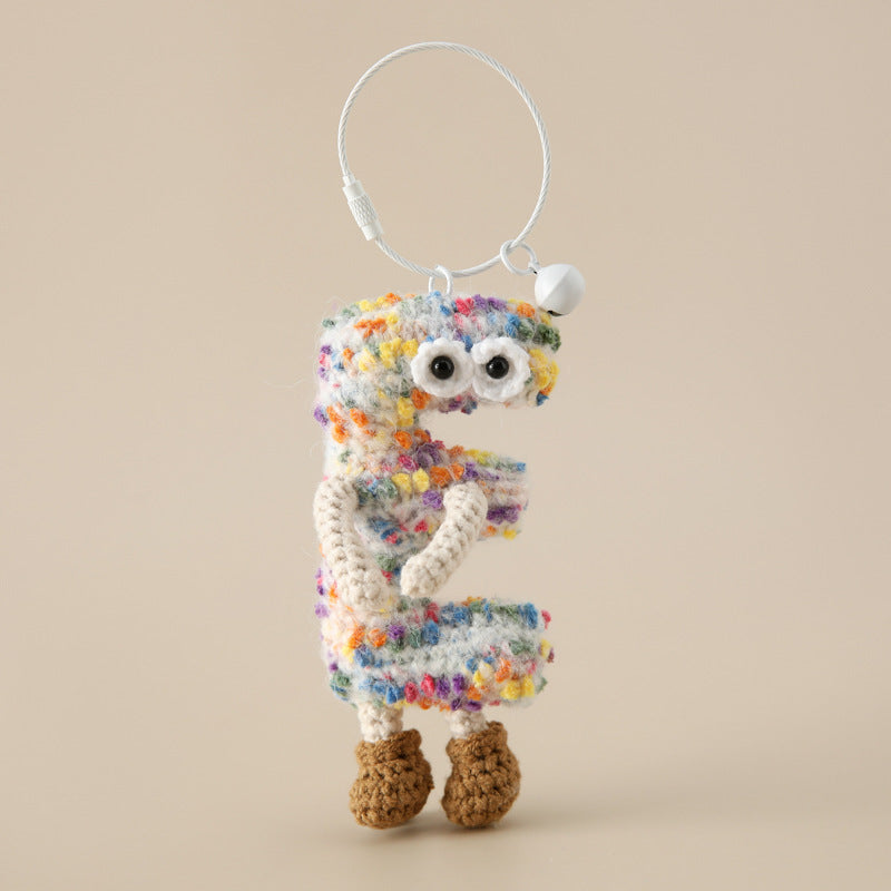 Alphabet Amigos Keychains - Handmade Monogram Charms colorful crocheted letter E with eyes and brown shoes