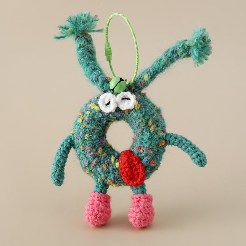 Alphabet Amigos Keychains handmade monogram charms green knitted character with pink boots and bell