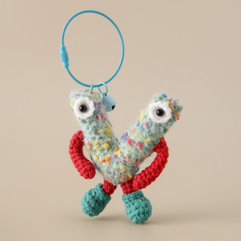 Alphabet Amigos Keychains - Handmade Monogram Charms crochet letter V with colorful yarn and blue keyring