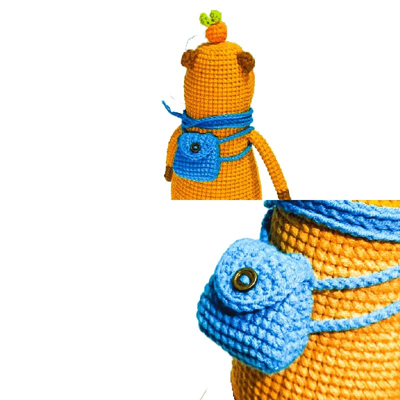 Handmade orange capybara amigurumi with a blue crocheted backpack from capybara amigurumi pattern