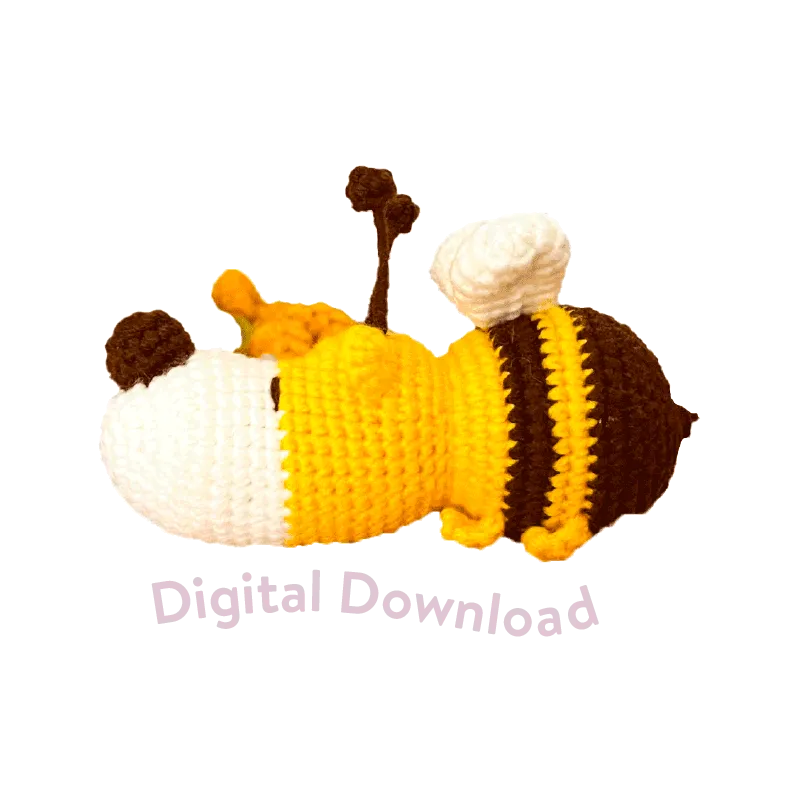 Crochet dog bee pattern digital download featuring a handmade stuffed animal in yellow and brown