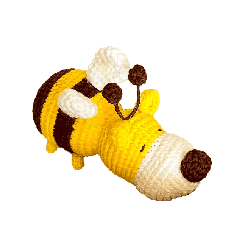 Handmade crochet dog bee pattern plush toy in yellow and brown with wings and antennae