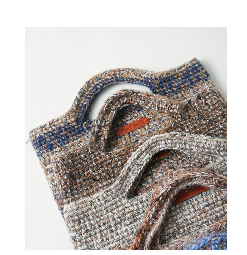 Handcrafted accessories made with artisan wool blend for crochet in neutral and blue tones