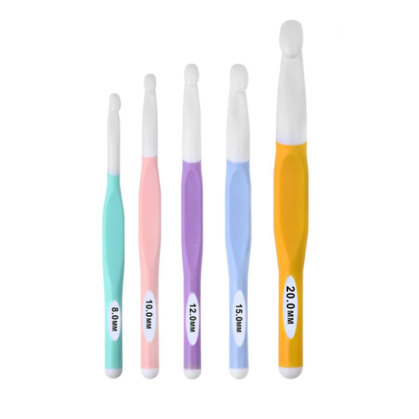 Set of ergonomic crochet hooks for bulky yarn in various sizes with colorful handles