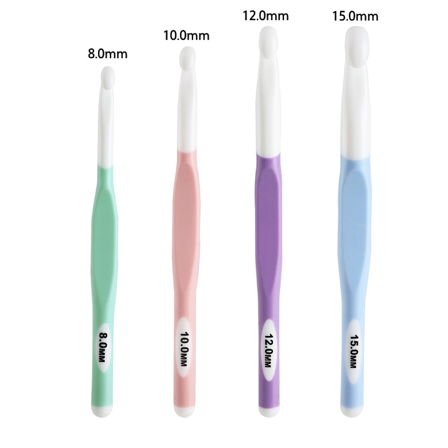 Set of ergonomic crochet hooks for bulky yarn in 8mm, 10mm, 12mm, and 15mm with colorful handles