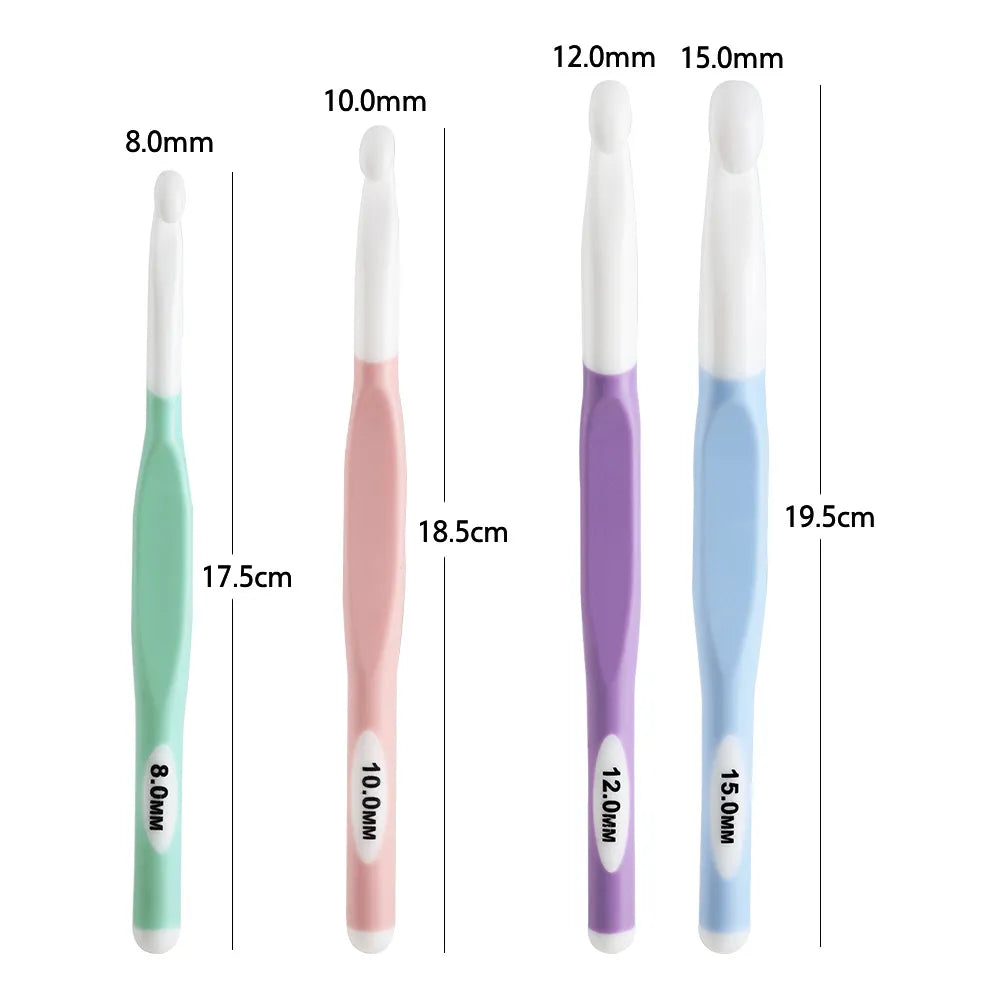 Ergonomic crochet hooks for bulky yarn in sizes 8mm, 10mm, 12mm, and 15mm with colorful handles