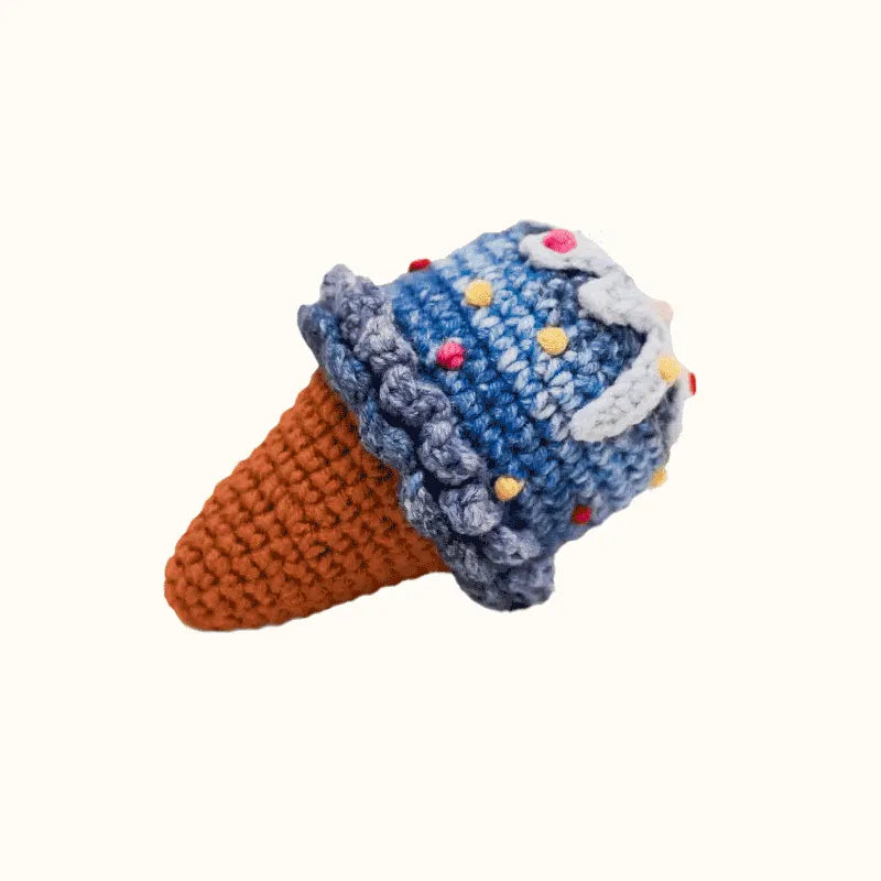 Handmade crochet ice cream cone with blue scoop and colorful sprinkles crochet ice cream cone pattern