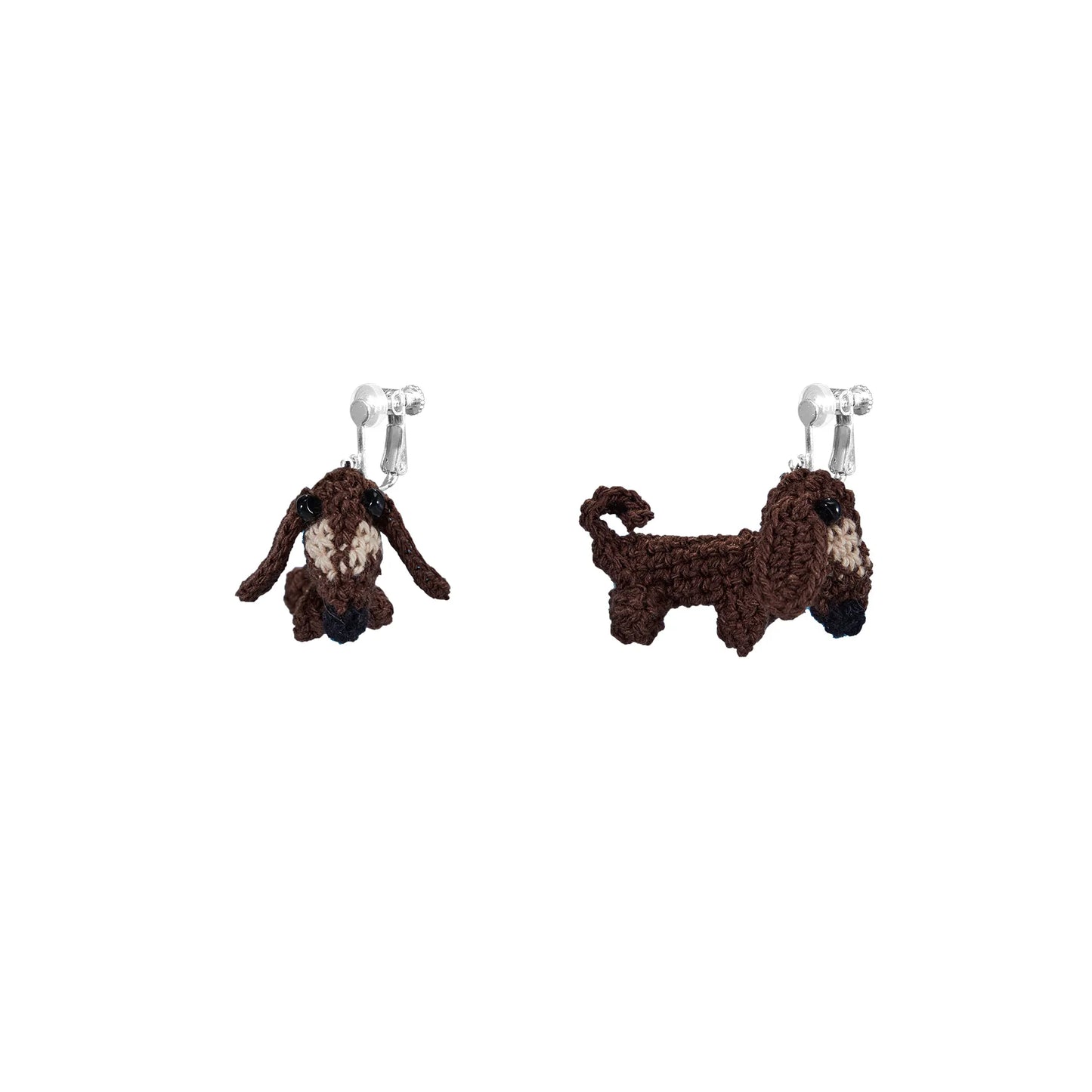 Handmade dachshund crochet earrings in brown with silver clip-on hooks by 小黄香蕉