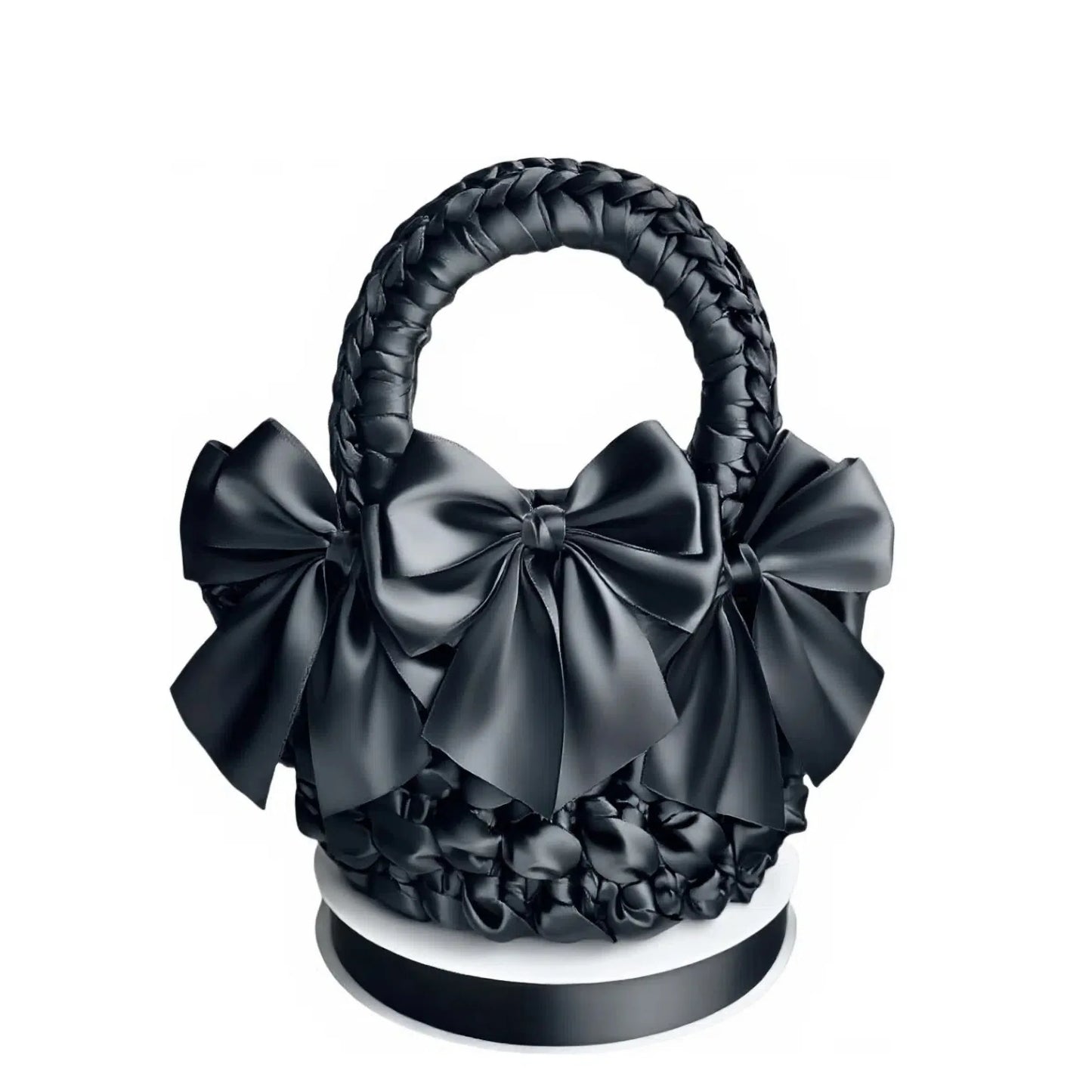 Black DIY bow adorned purse with braided handle and three large satin bows crochet diagram by redbook
