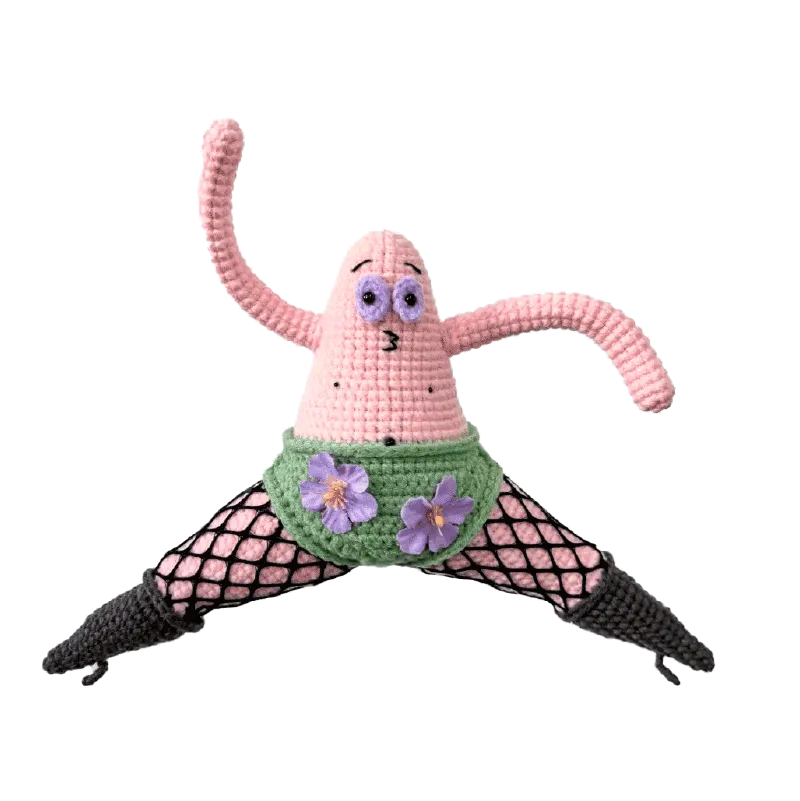 Funny amigurumi crochet pattern of a pink character with green floral shorts and fishnet stockings