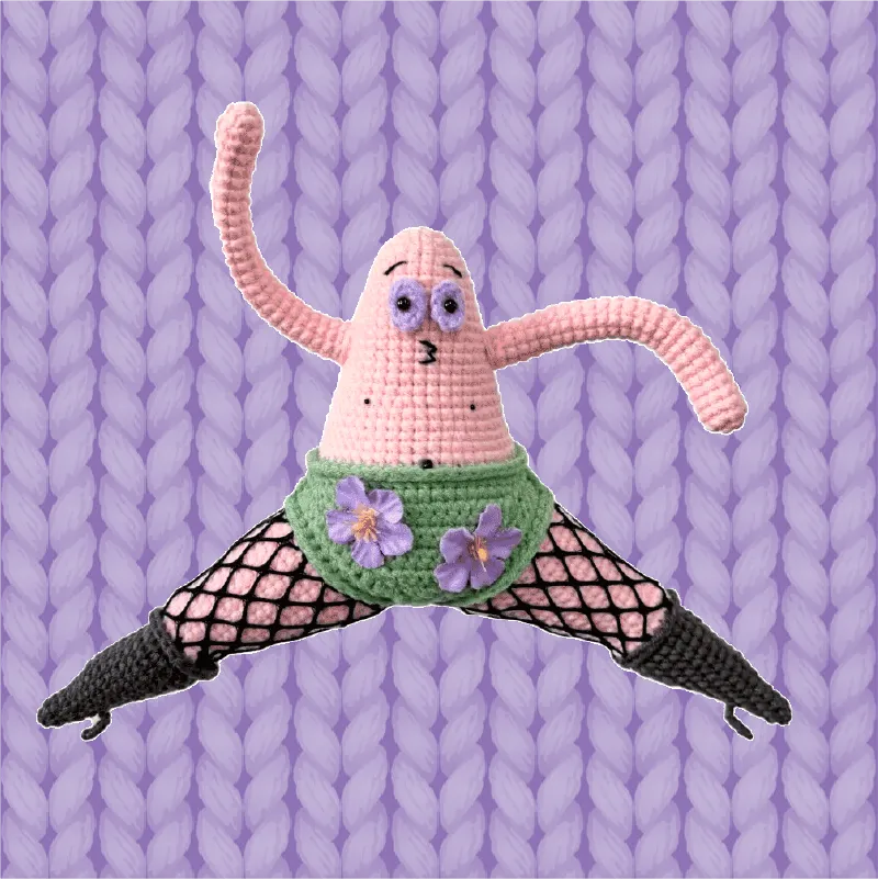 Funny amigurumi crochet pattern of a pink character wearing fishnet stockings and green floral shorts on purple knit background