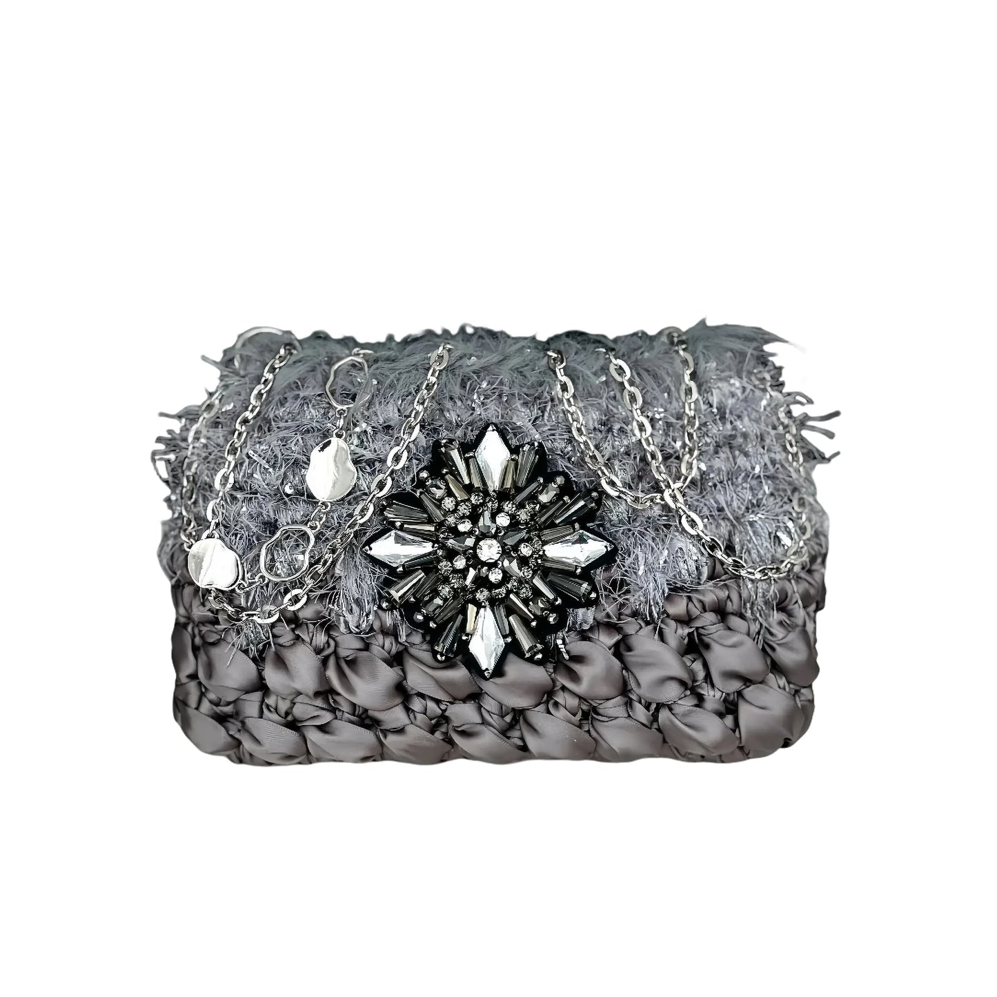 Galactic inspired purse pattern crochet diagram featuring a textured gray purse with jeweled centerpiece and silver chain