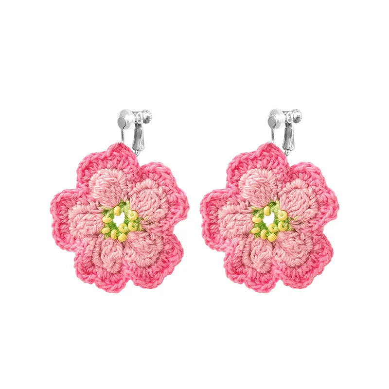 Handmade crochet earrings-Cherry pink flower design with silver clip-on hooks by 小黄香蕉