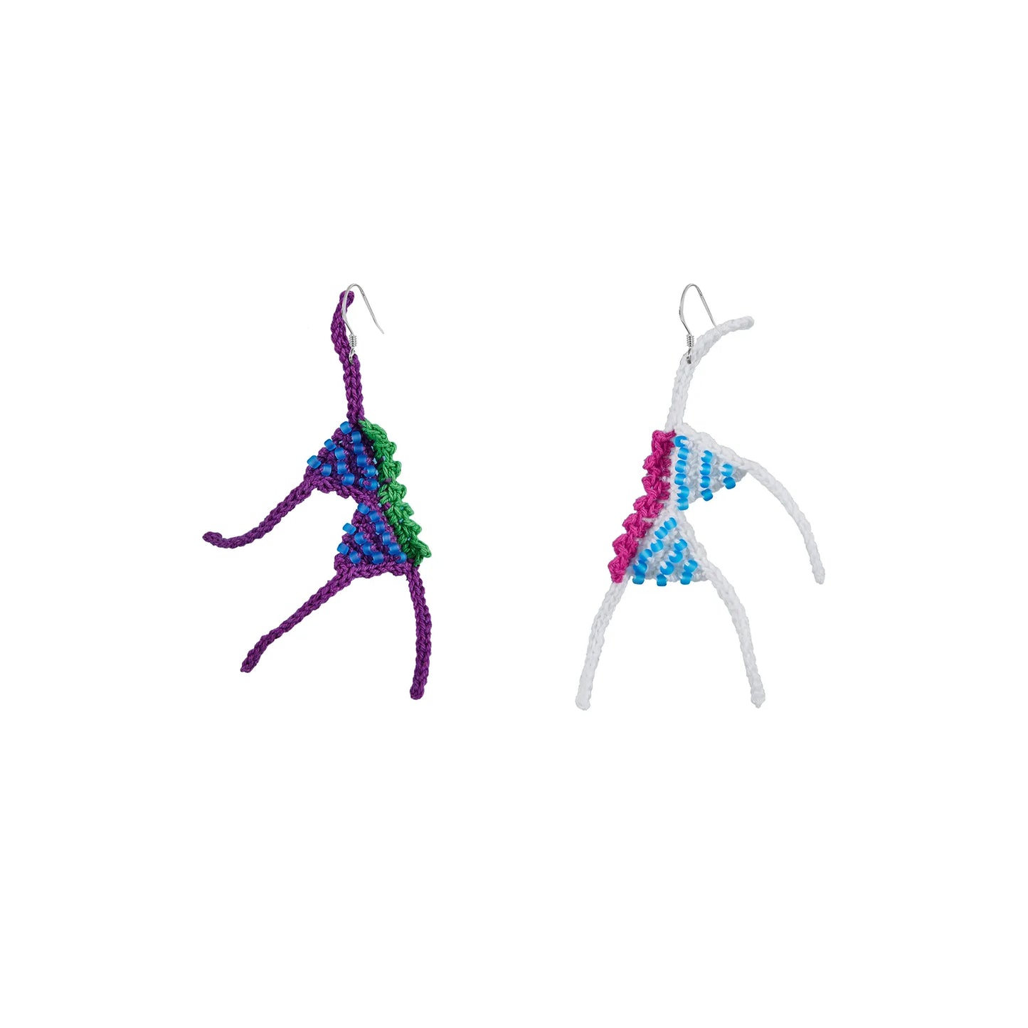 Colorful handmade crochet earrings shaped in abstract dancing figures with purple, green, blue, white, and pink yarn