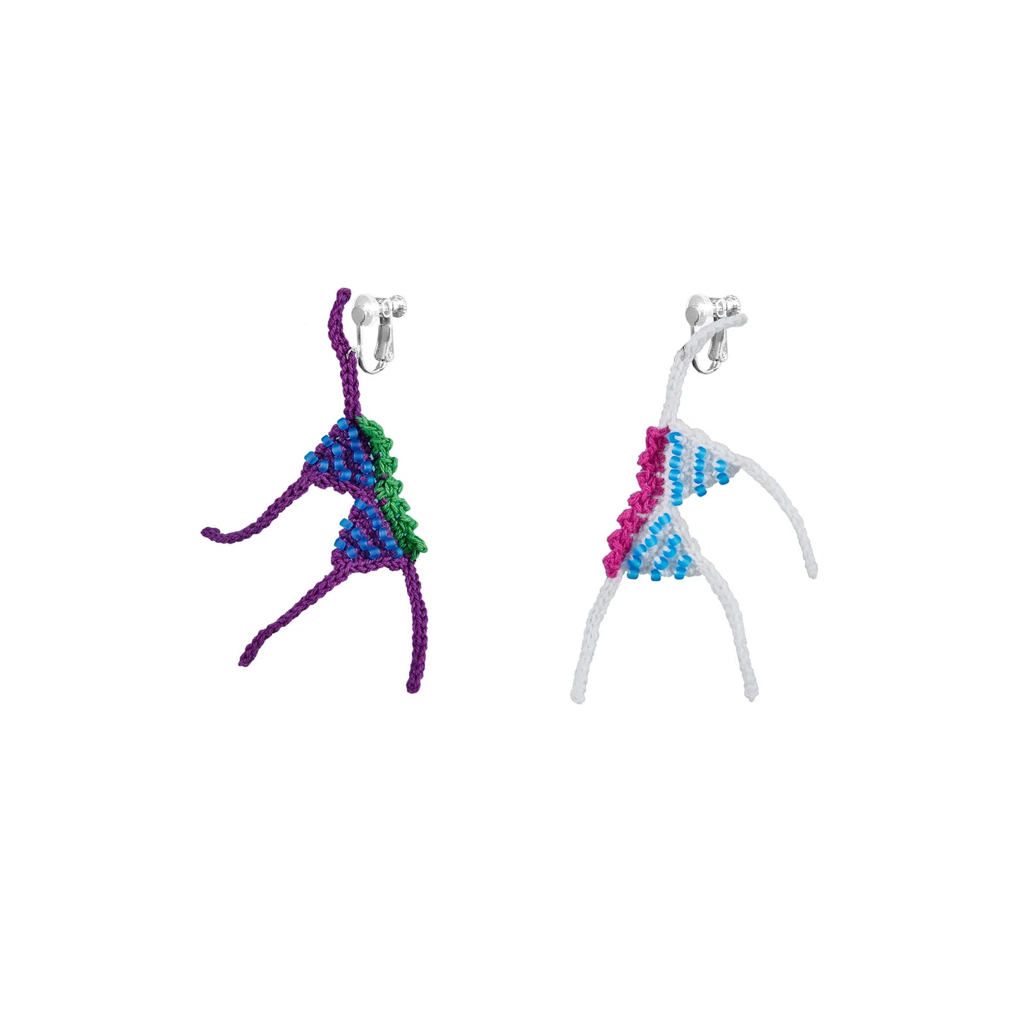 Colorful handmade crochet earrings with vibrant purple, blue, green, pink, and white thread details