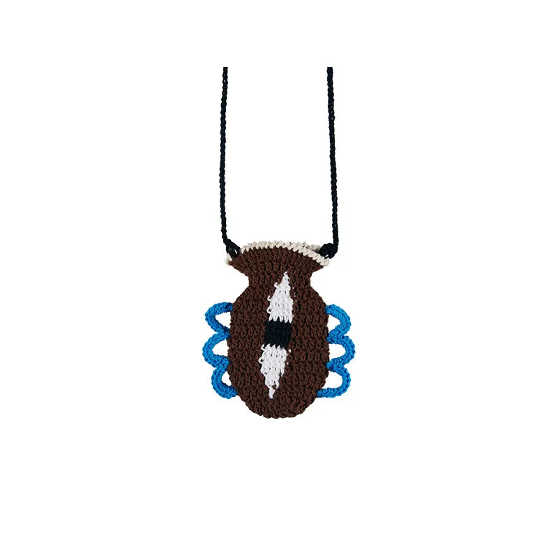 Handmade Crochet Vase Pouch Pendant- Mini Sculpture Bag for Vape & Lipstick handmade coin purse in brown with blue accents
