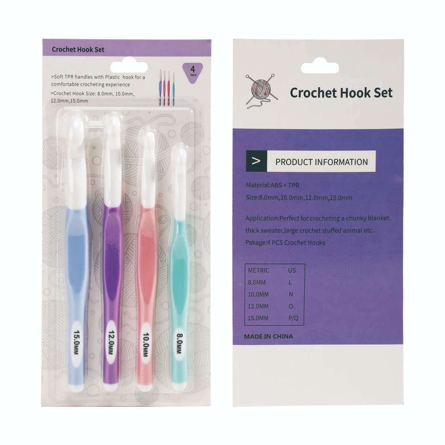 Ergonomic crochet hooks for bulky yarn set with soft TPR handles in assorted colors and sizes