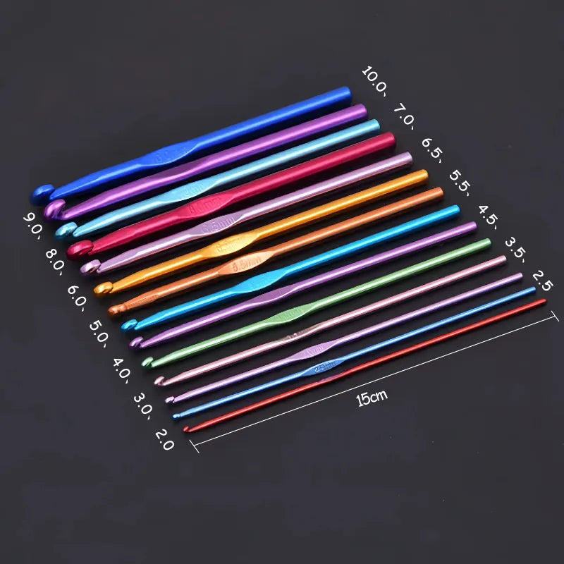 Rainbow aluminum crochet hooks set with multiple sizes ranging from 2.0 to 10.0 millimeters