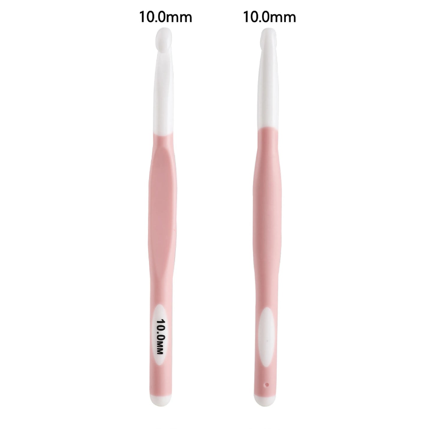 Pink and white ergonomic crochet hooks for bulky yarn size 10.0mm shown from two angles