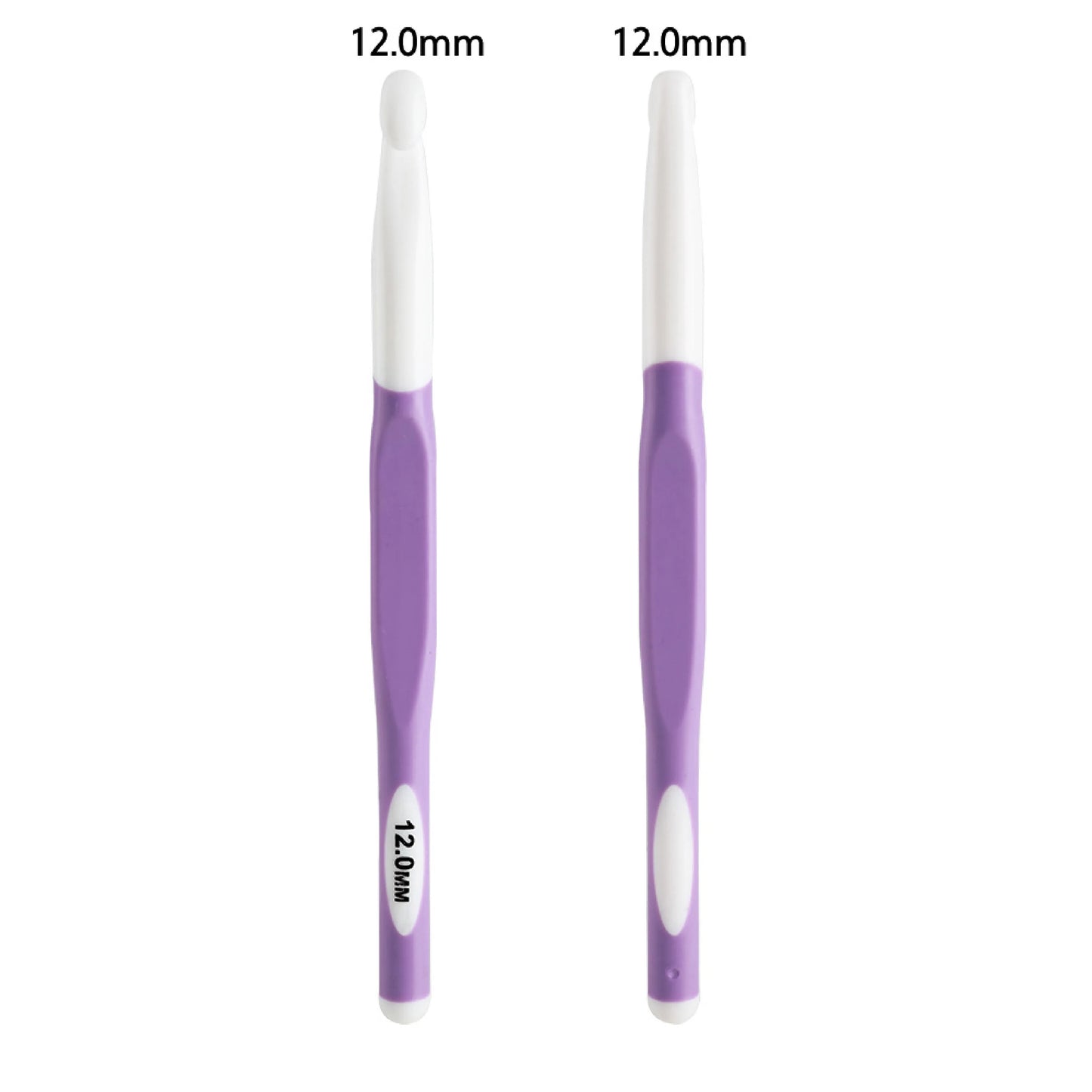 Ergonomic crochet hooks for bulky yarn in purple and white with 12.0mm size for comfortable crafting