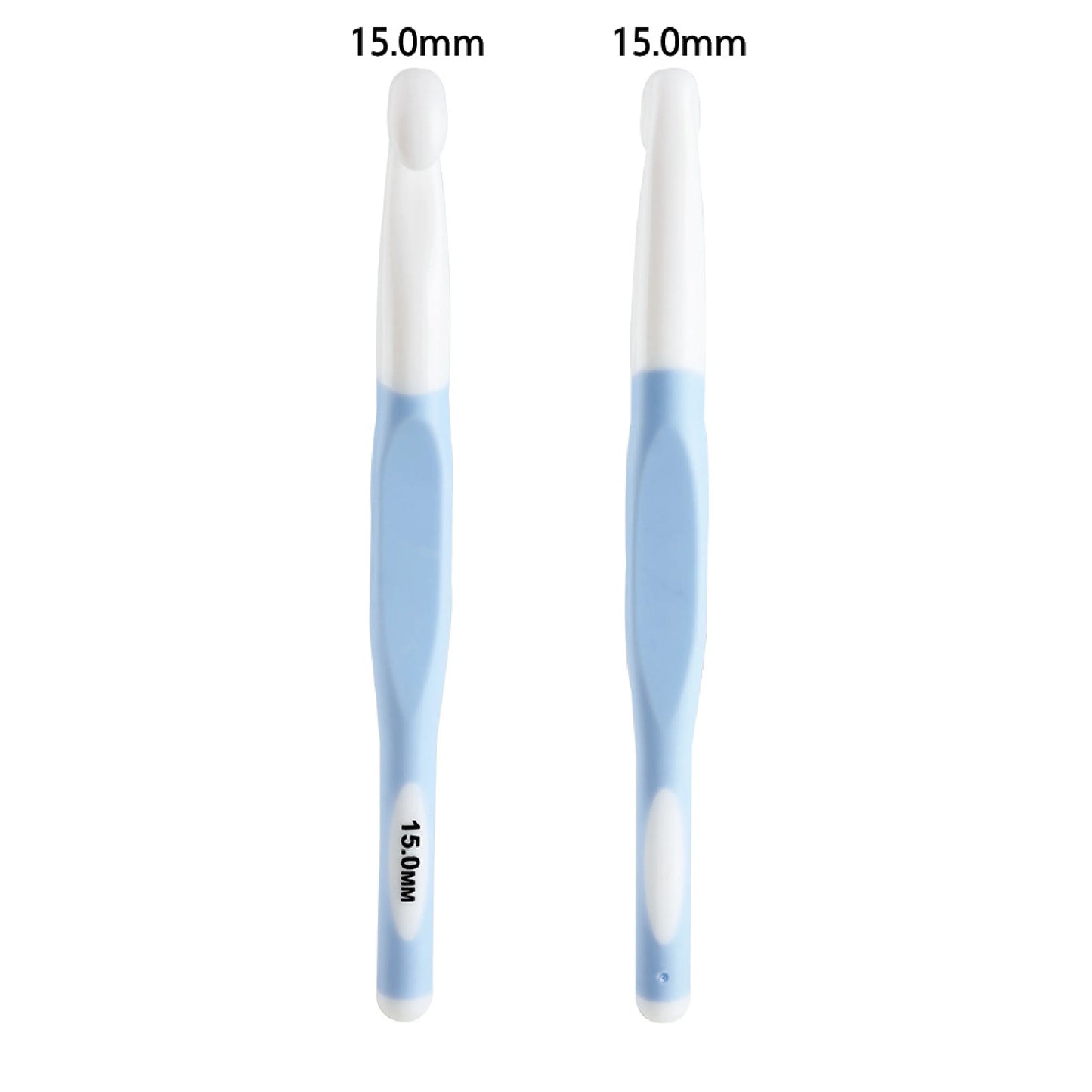 Set of ergonomic crochet hooks for bulky yarn in white and blue, each 15mm size for comfortable grip