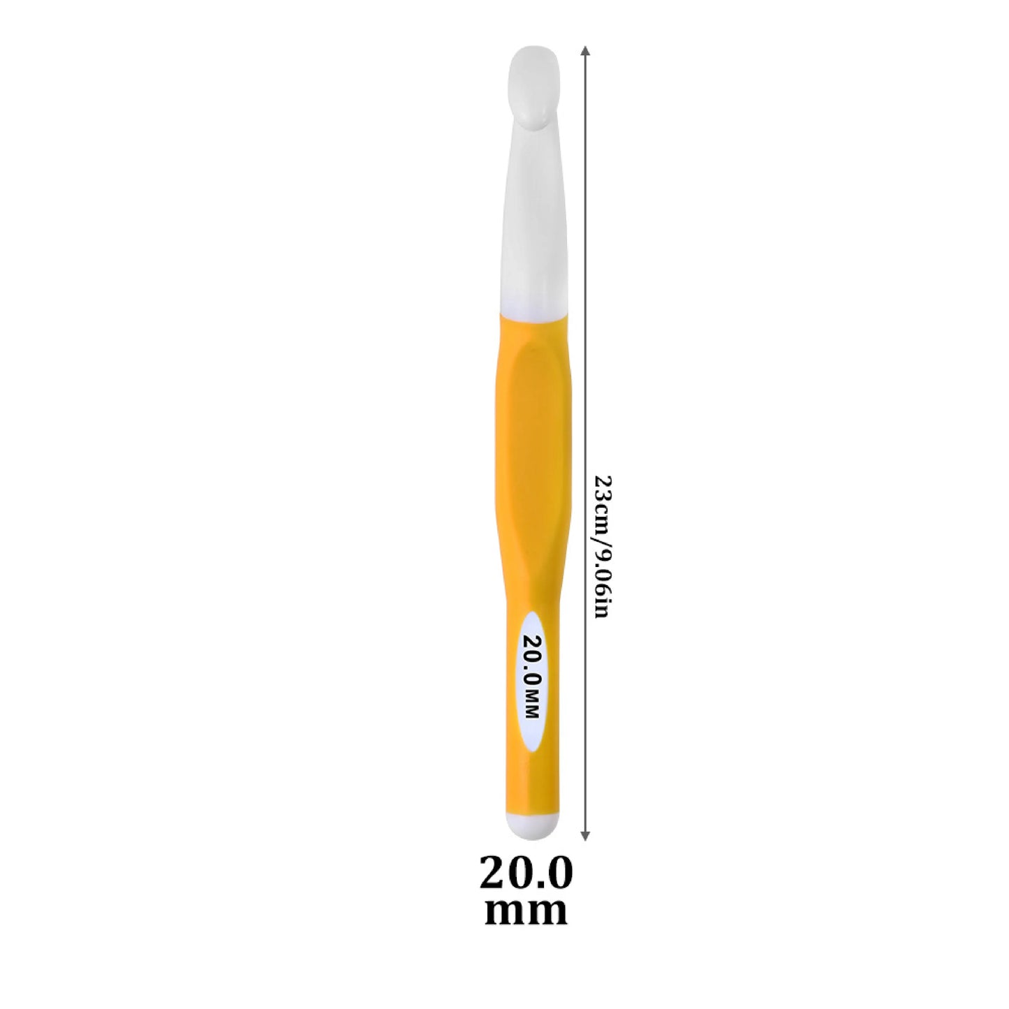 Ergonomic crochet hooks for bulky yarn 20mm size with yellow and white handle measuring 23cm long