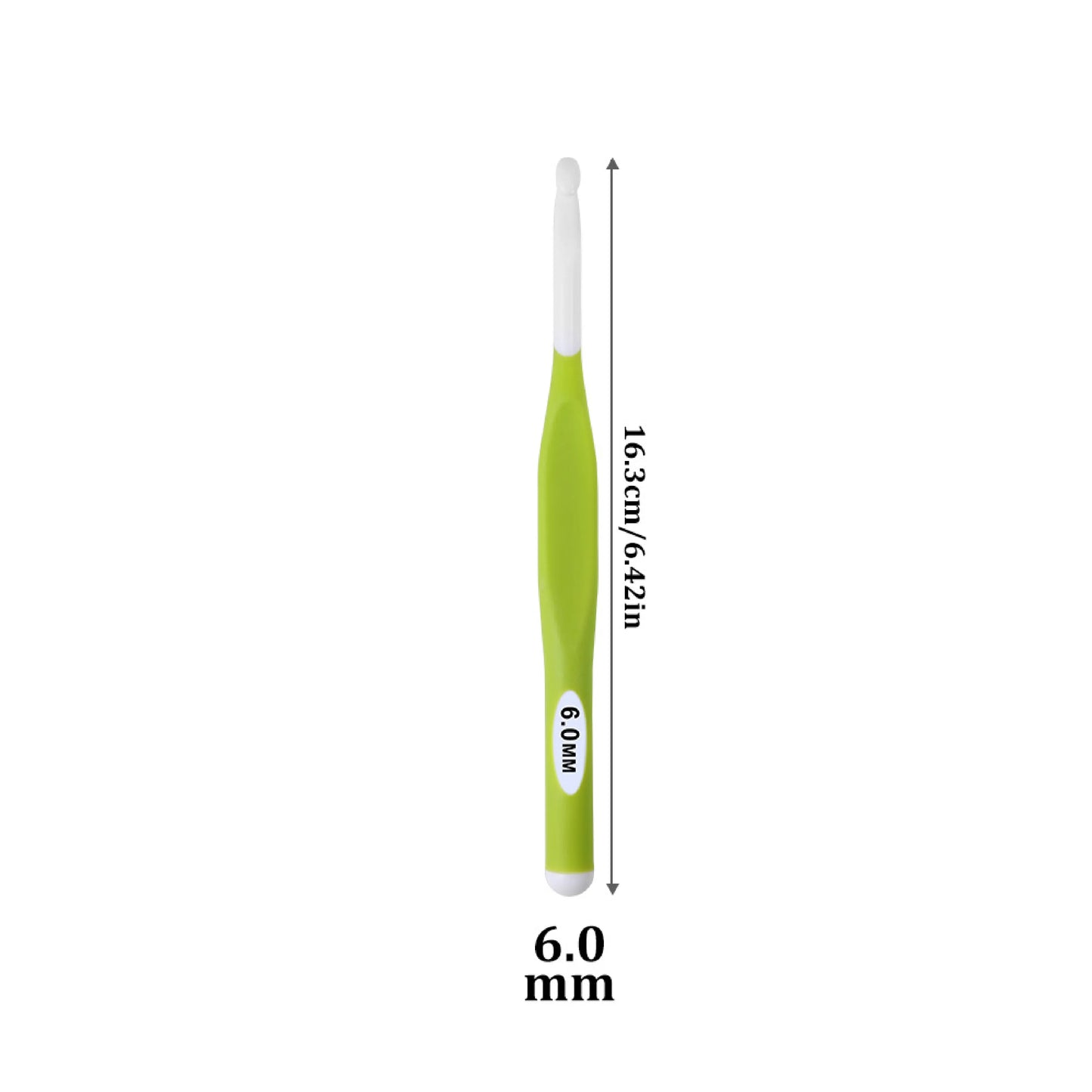 6.0 mm ergonomic crochet hooks for bulky yarn with green handle and white tip measuring 16.3 cm