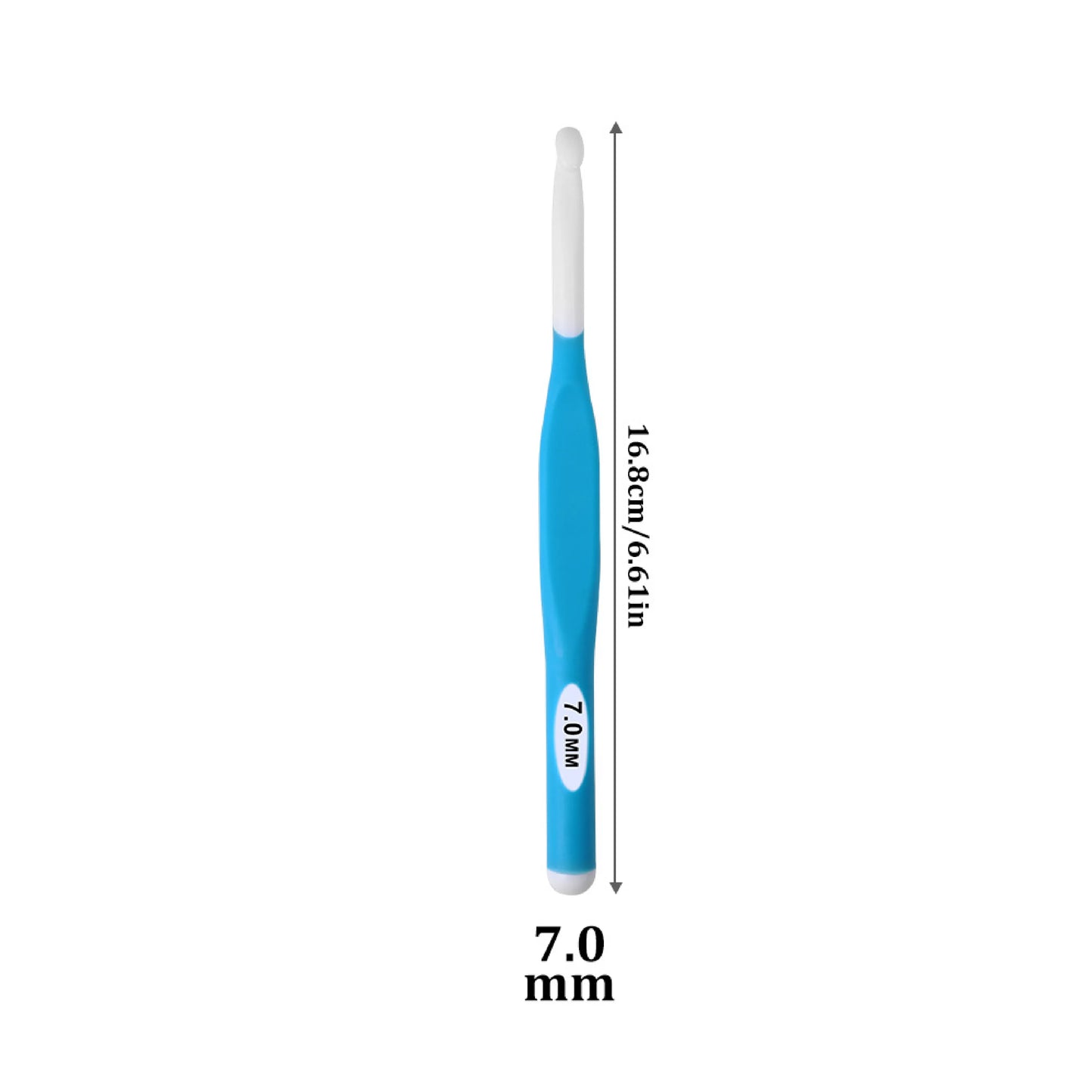 Blue ergonomic crochet hooks for bulky yarn with 7.0 mm size and 16.8 cm length for comfortable crafting