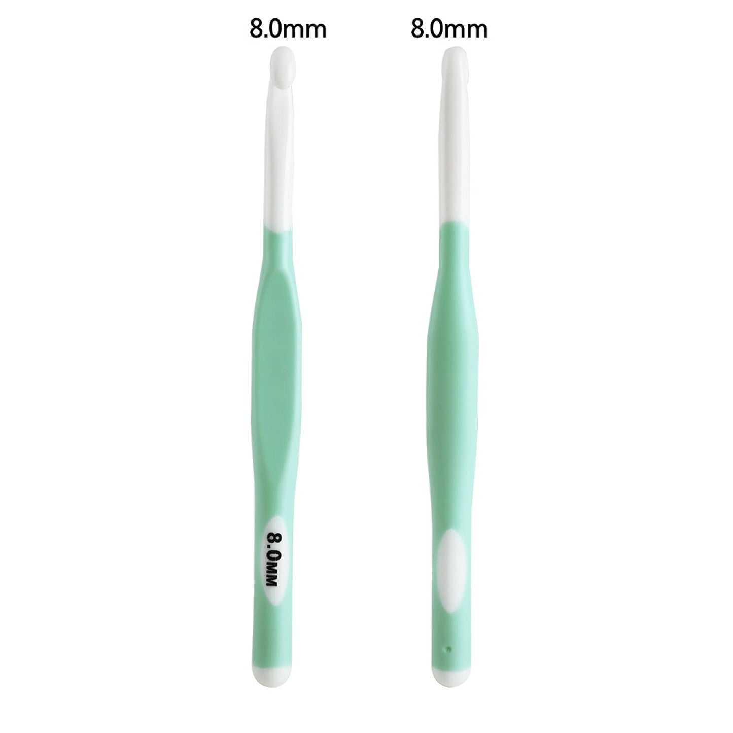 Ergonomic crochet hooks for bulky yarn 8.0mm size with soft green and white handles