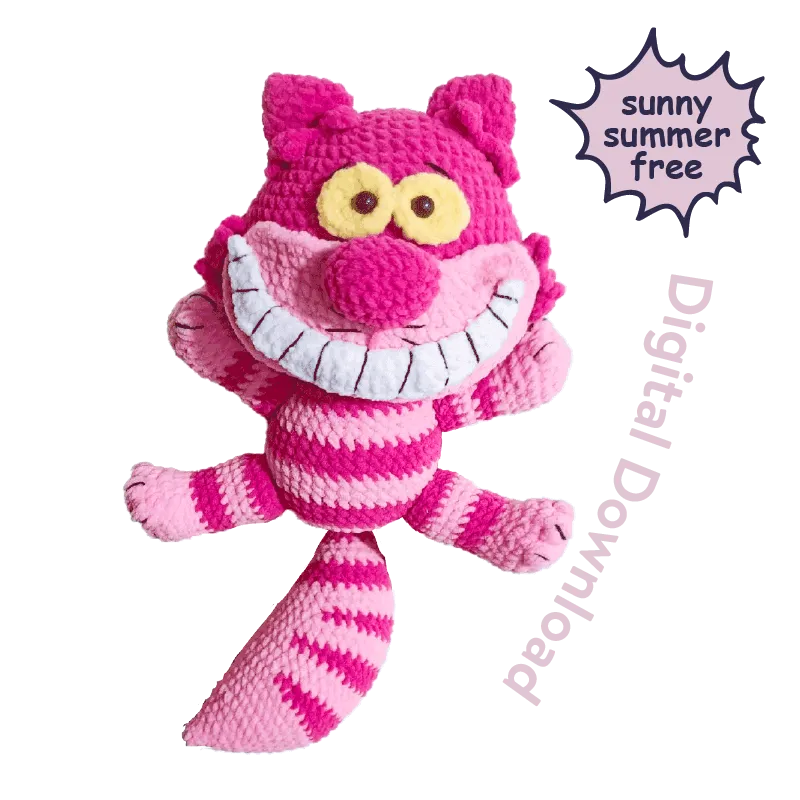 Free crochet cheshire cat pattern digital download plush pink and purple striped toy