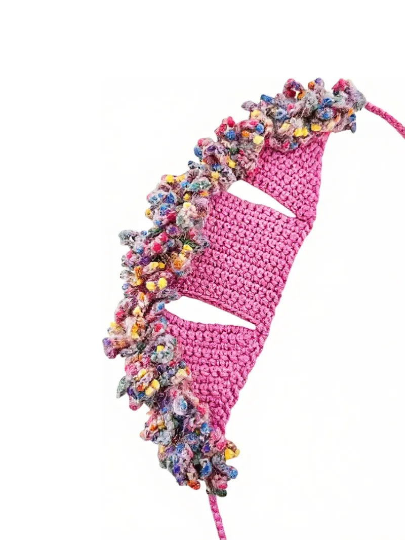 Unique crochet headband for pets in pink with colorful ruffled edges for a decorative touch