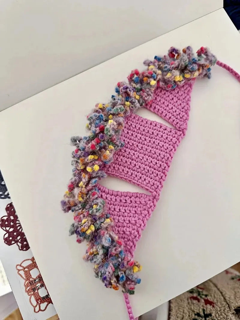 Unique crochet headband for pets in pink with colorful textured edging crochet diagram by redbook