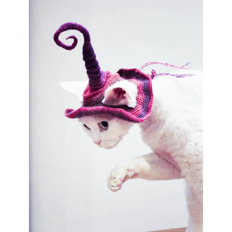 White cat wearing a colorful crochet cat wizard hat with a tall twisted point using the crochet cat wizard hat pattern