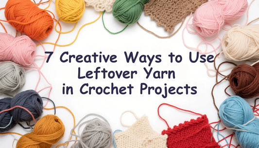 Creative uses for leftover yarn showcased with colorful yarn balls and crochet swatches surrounding text
