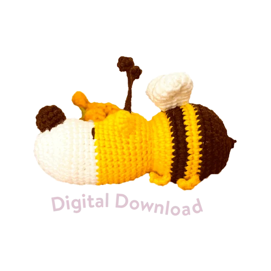Crochet dog bee pattern digital download featuring a handmade stuffed animal in yellow and brown