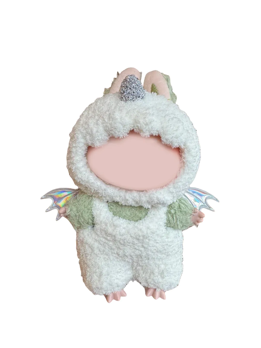 Adorable angel costume crochet pattern featuring a fluffy white suit with a silver horn and iridescent wings
