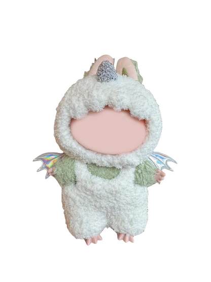 Adorable angel costume crochet pattern featuring a fluffy white suit with a silver horn and iridescent wings
