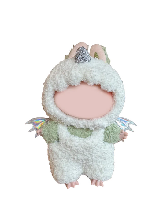 Adorable angel costume crochet pattern featuring a fluffy white suit with a silver horn and iridescent wings