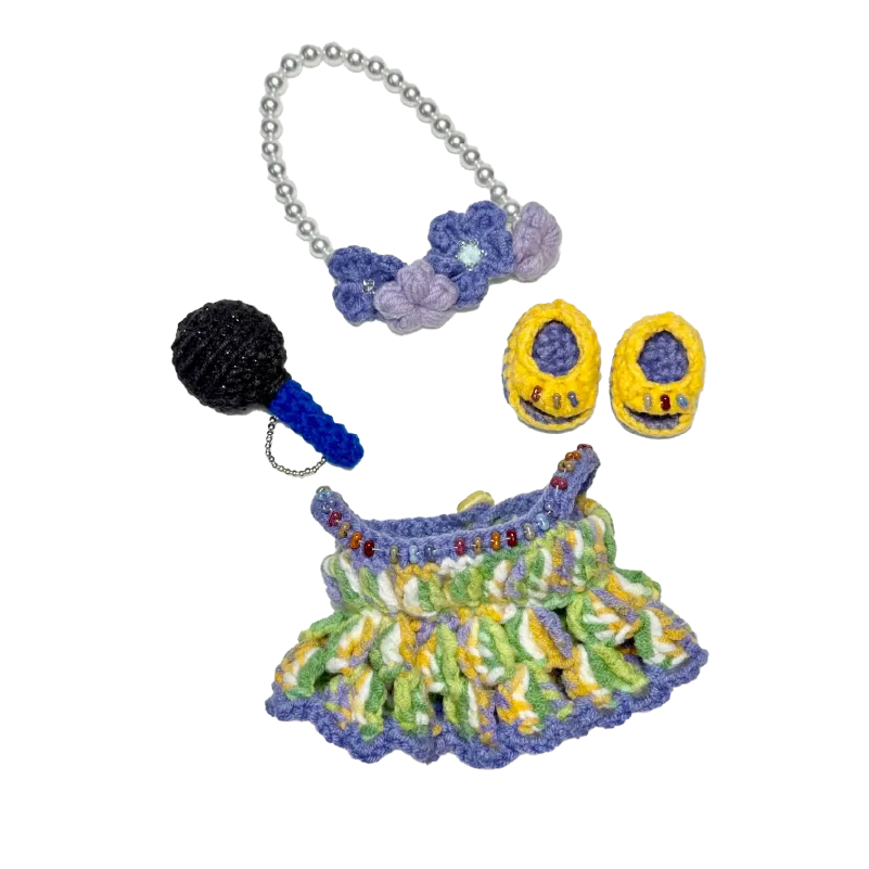 Colorful handmade collectible crochet doll patterns including dress, shoes, microphone, and flower headband