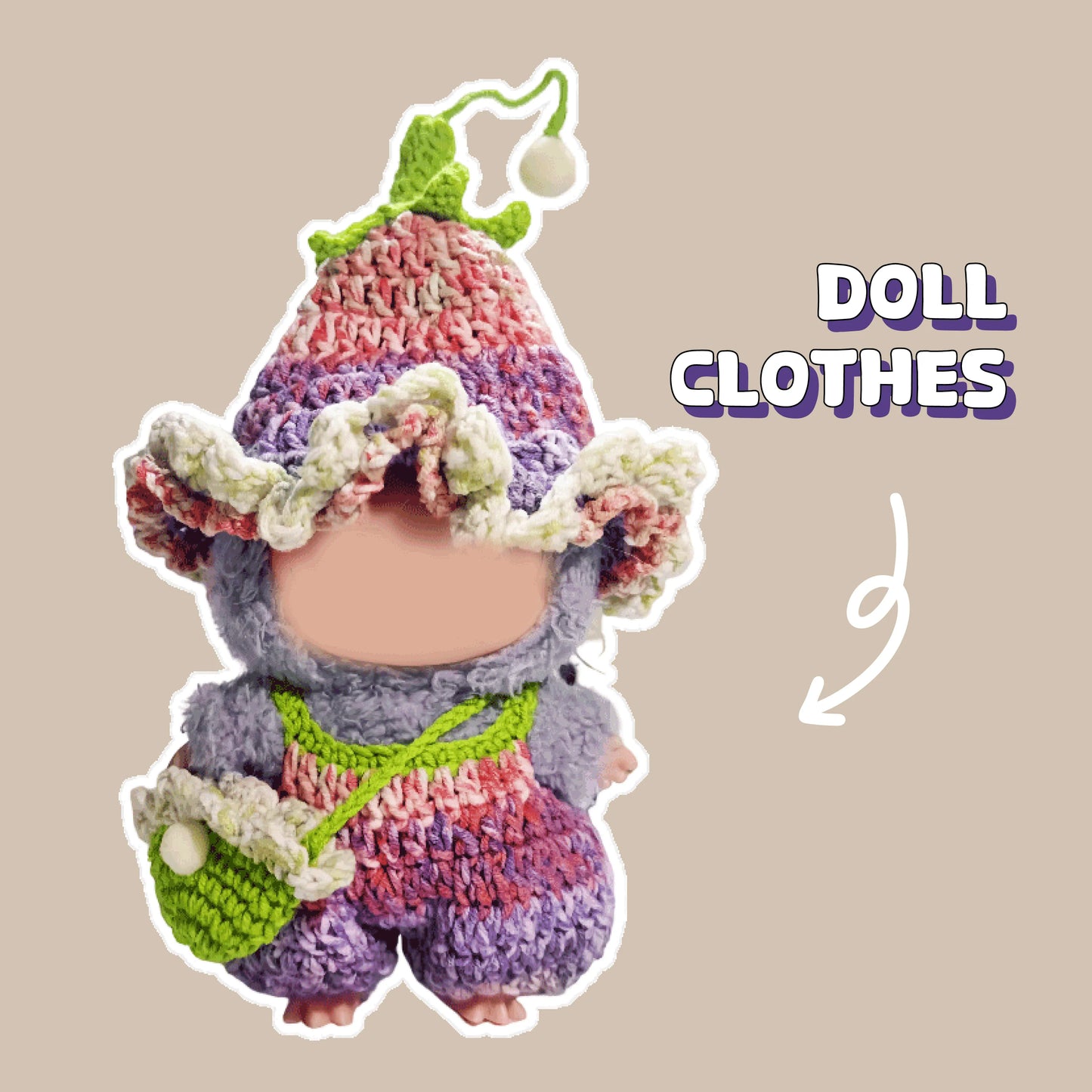 Crochet doll wearing a colorful handmade outfit with hat and bag crochet doll outfit pattern by redbook