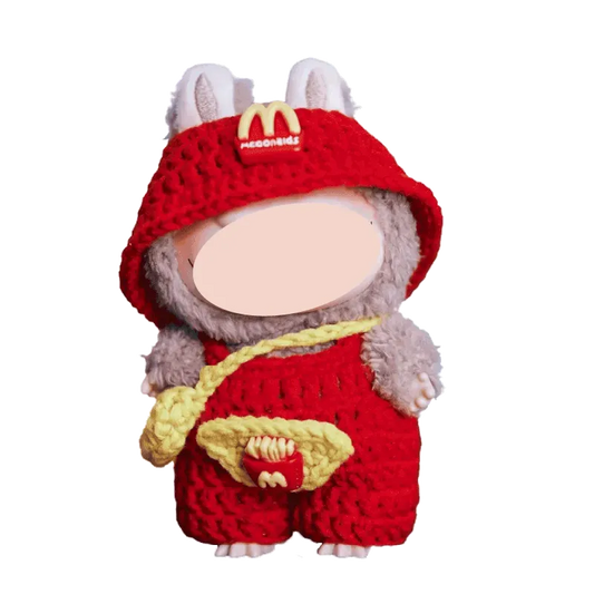 Cute doll wearing crochet fast food doll outfit pattern with blue cape and bunny hood