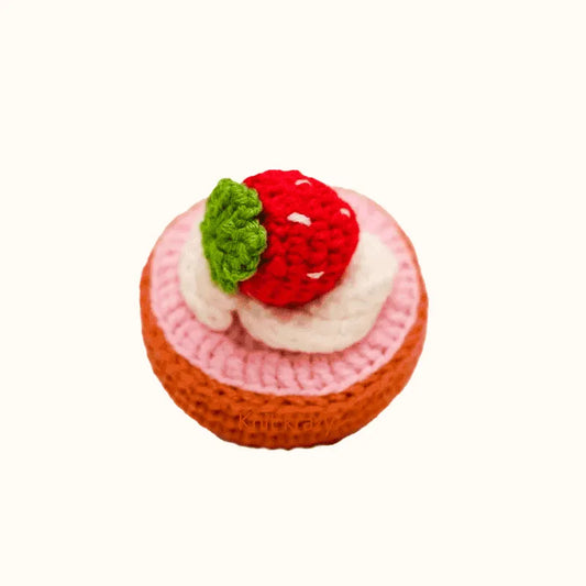 Crochet French tart pattern featuring a detailed tart with strawberry and cream by The Knit Krazy