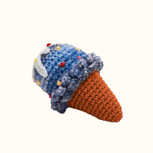 Handcrafted crochet ice cream cone with blue scoop and colorful sprinkles crochet ice cream cone pattern