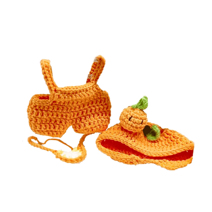Handmade crochet orange plush outfit pattern with a crop top and pumpkin-themed slippers