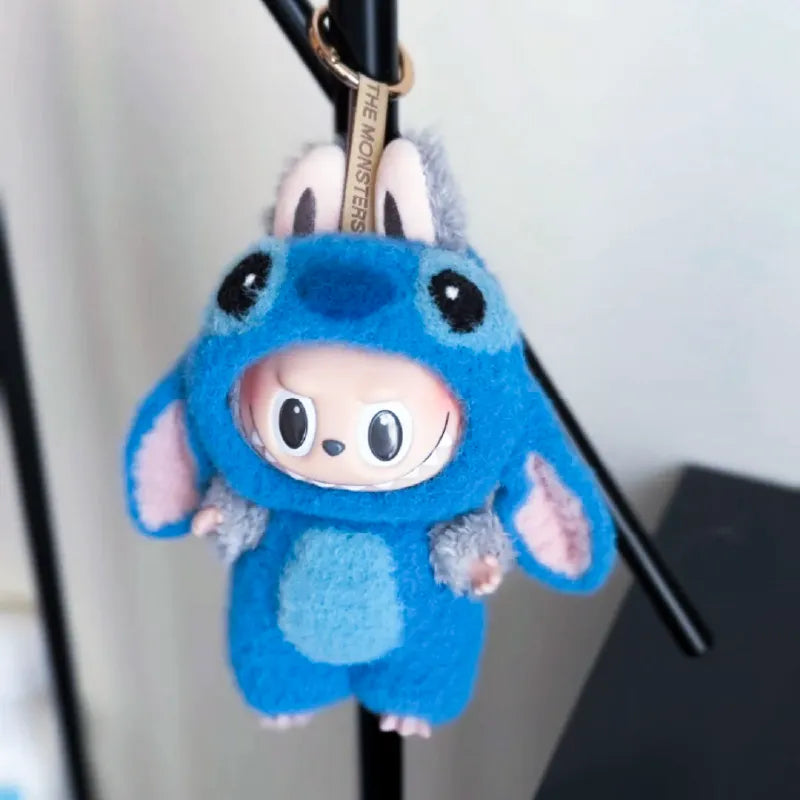 Cute blue crochet plushie keychain wearing a stitch costume with crochet pattern for 17cm plushie