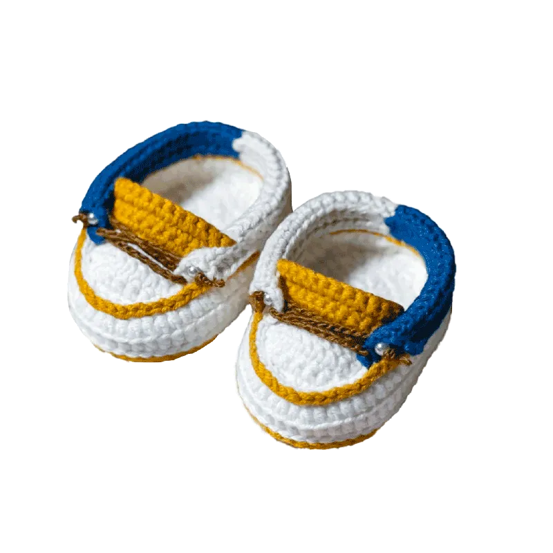 Redbook crochet shoes for 38cm plush dolls in white blue and yellow colors with detailed stitching