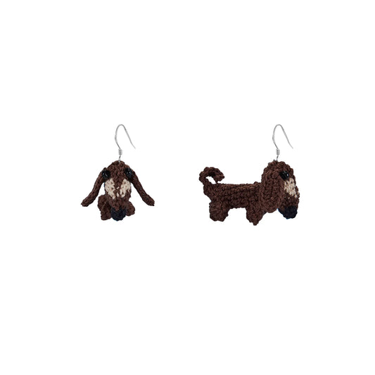 Handmade dachshund crochet earrings in brown with detailed dog design and silver hooks