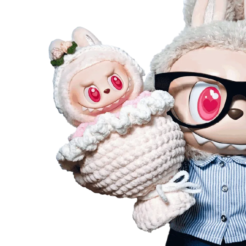 Digital crochet bouquet pattern featuring cute bunny doll holding a crocheted bouquet in soft pastel colors