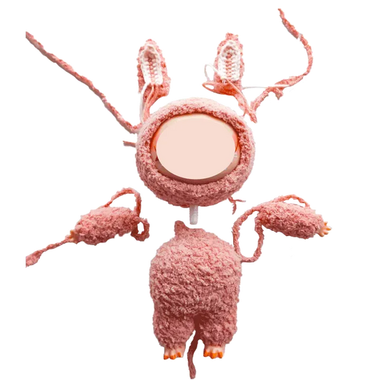Digital crochet pattern for 17cm dolls featuring a pink textured bunny costume with ears and mittens